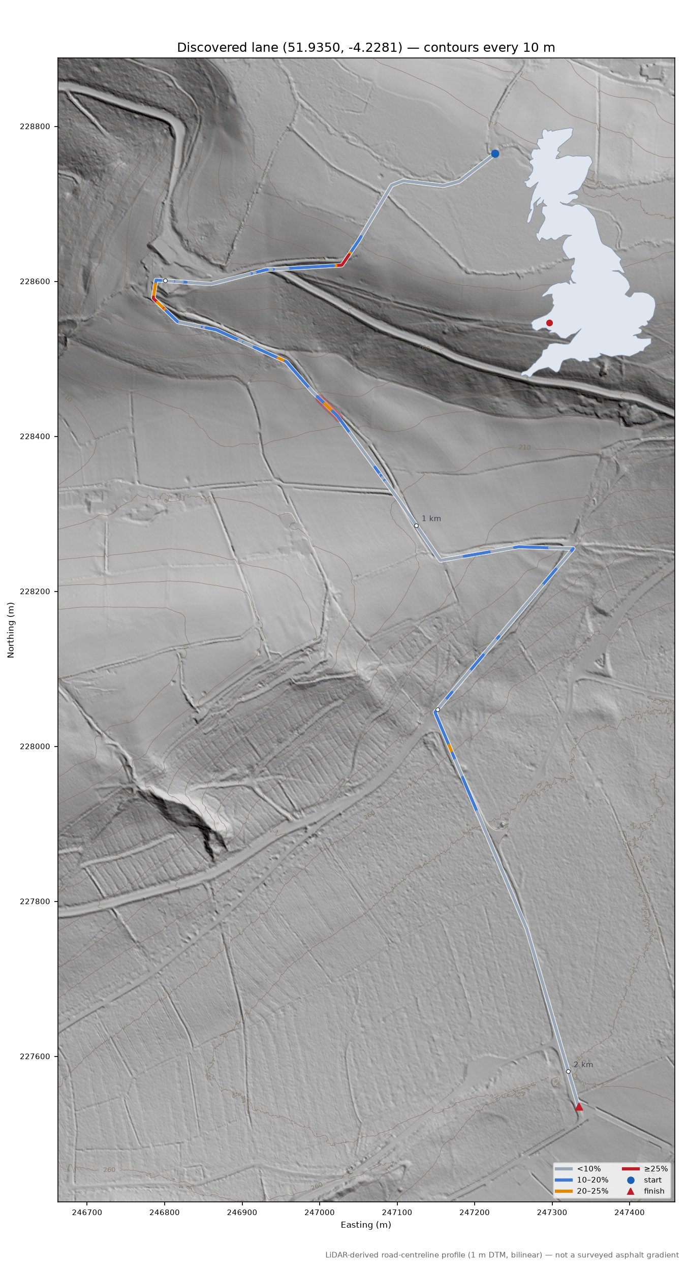 Discovered lane (51.9350, -4.2281) LiDAR hillshade map with contours