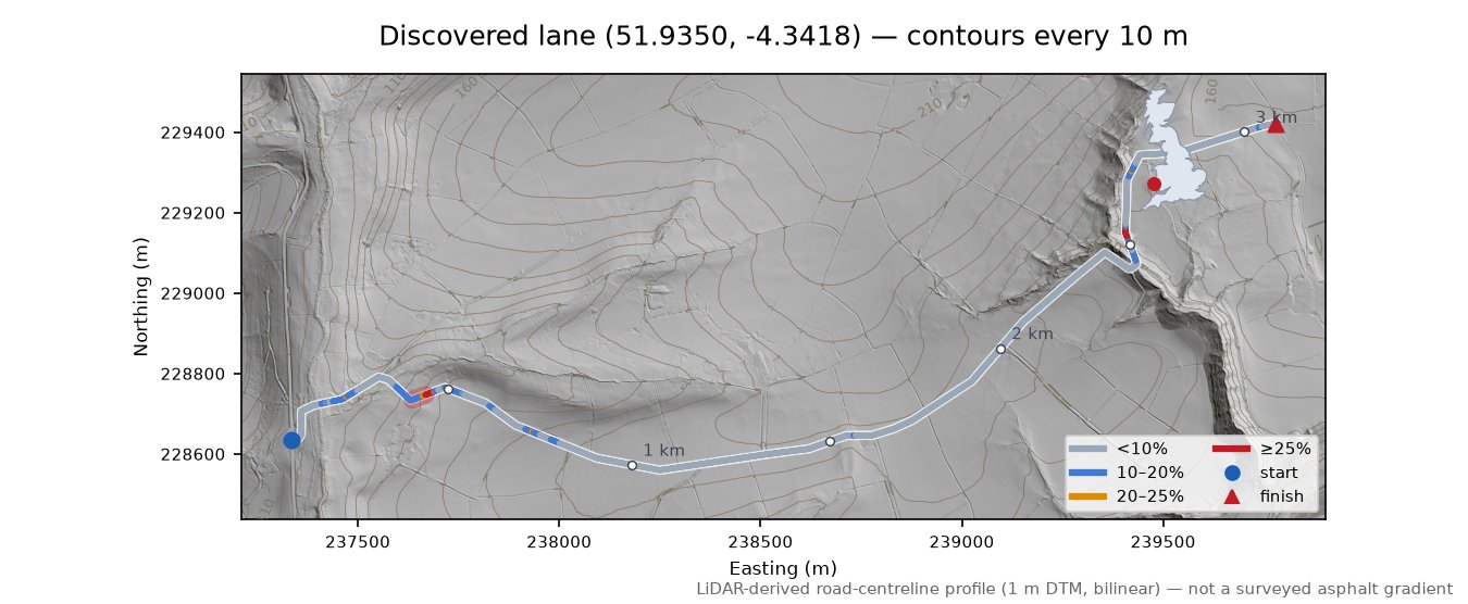 Discovered lane (51.9350, -4.3418) LiDAR hillshade map with contours