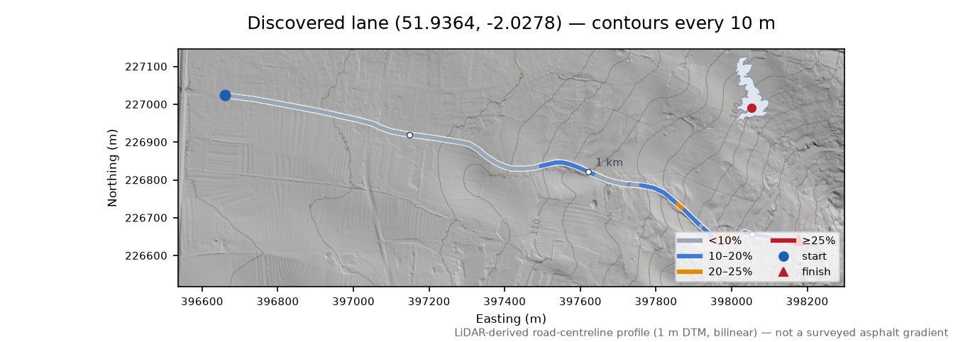 Discovered lane (51.9364, -2.0278) LiDAR hillshade map with contours