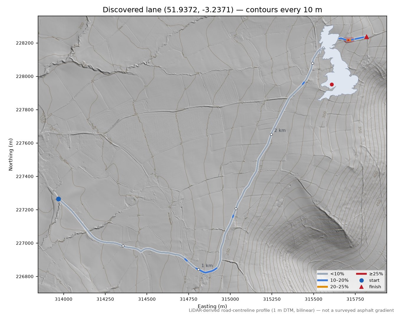 Discovered lane (51.9372, -3.2371) LiDAR hillshade map with contours