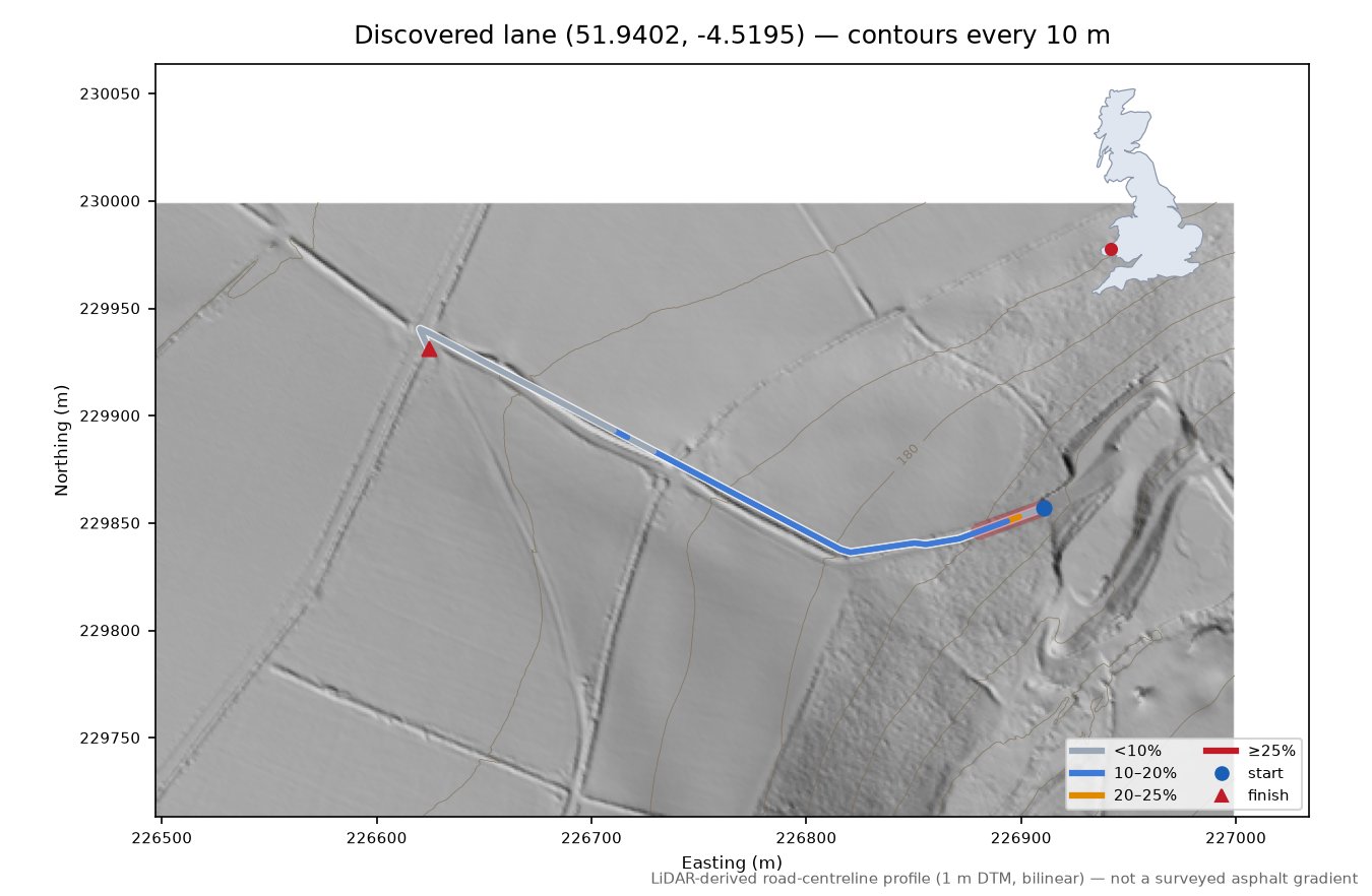 Discovered lane (51.9402, -4.5195) LiDAR hillshade map with contours