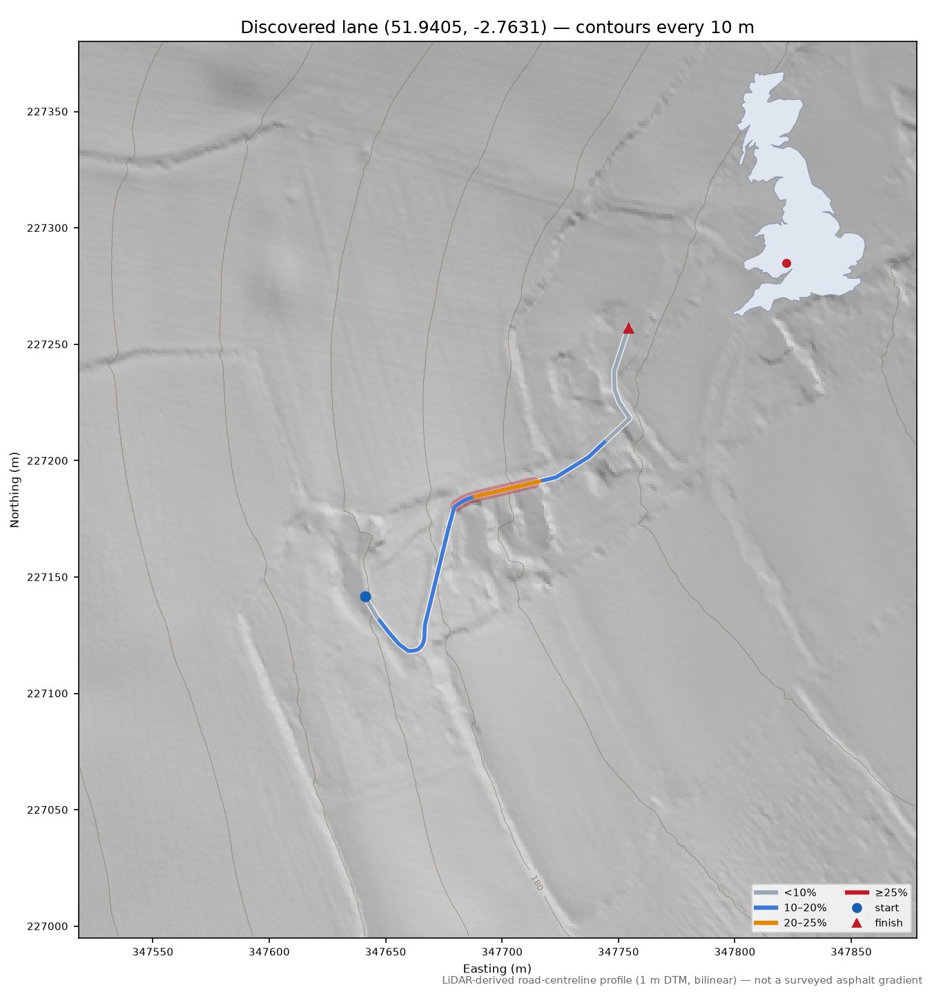 Discovered lane (51.9405, -2.7631) LiDAR hillshade map with contours