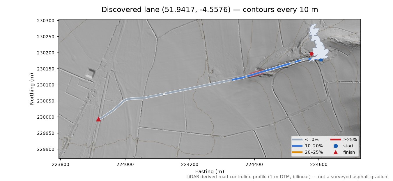 Discovered lane (51.9417, -4.5576) LiDAR hillshade map with contours