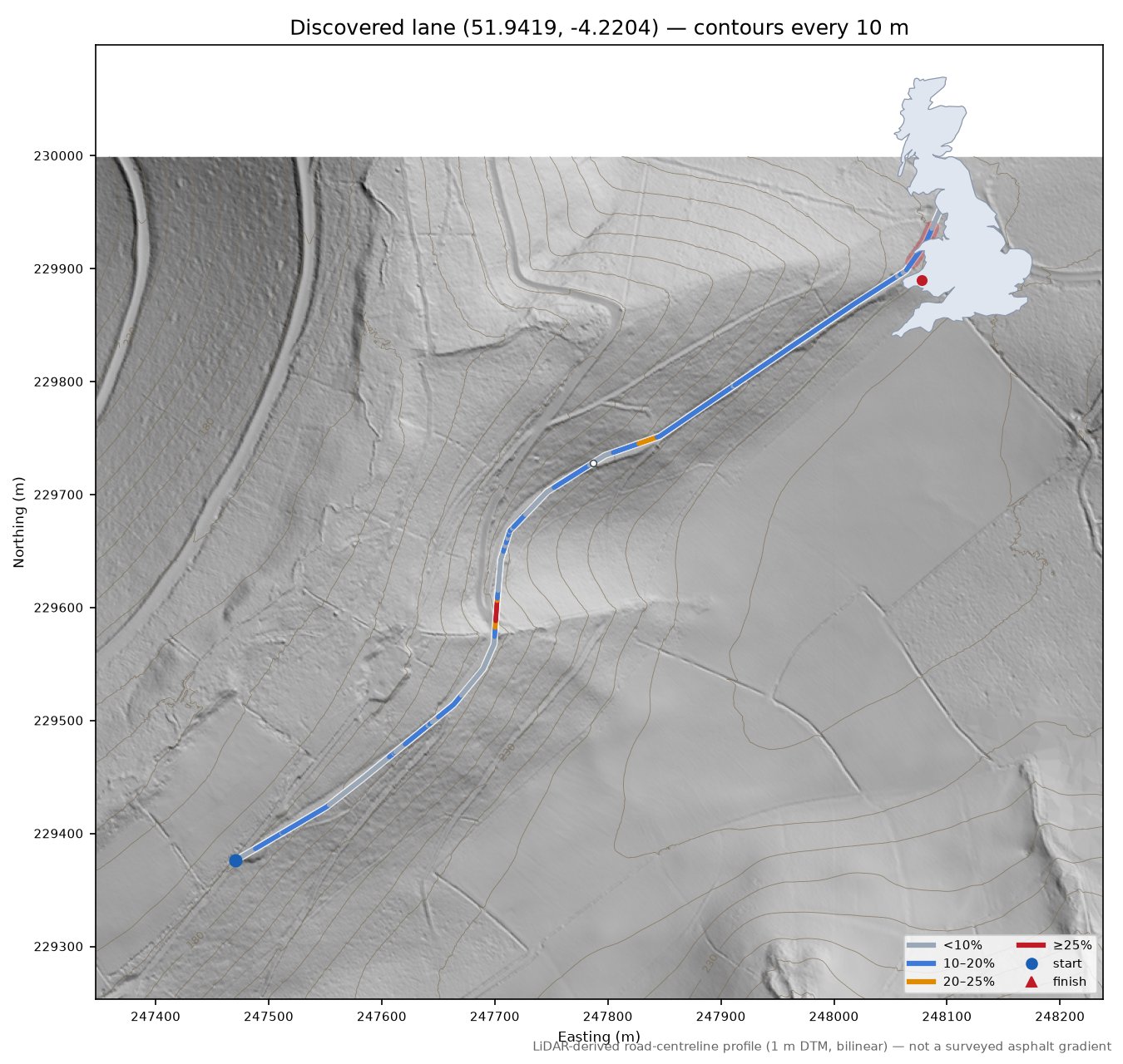 Discovered lane (51.9419, -4.2204) LiDAR hillshade map with contours