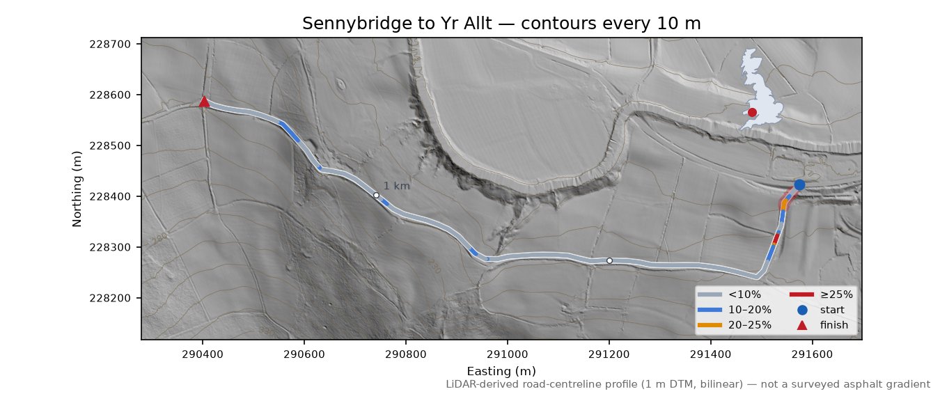 Sennybridge to Yr Allt LiDAR hillshade map with contours