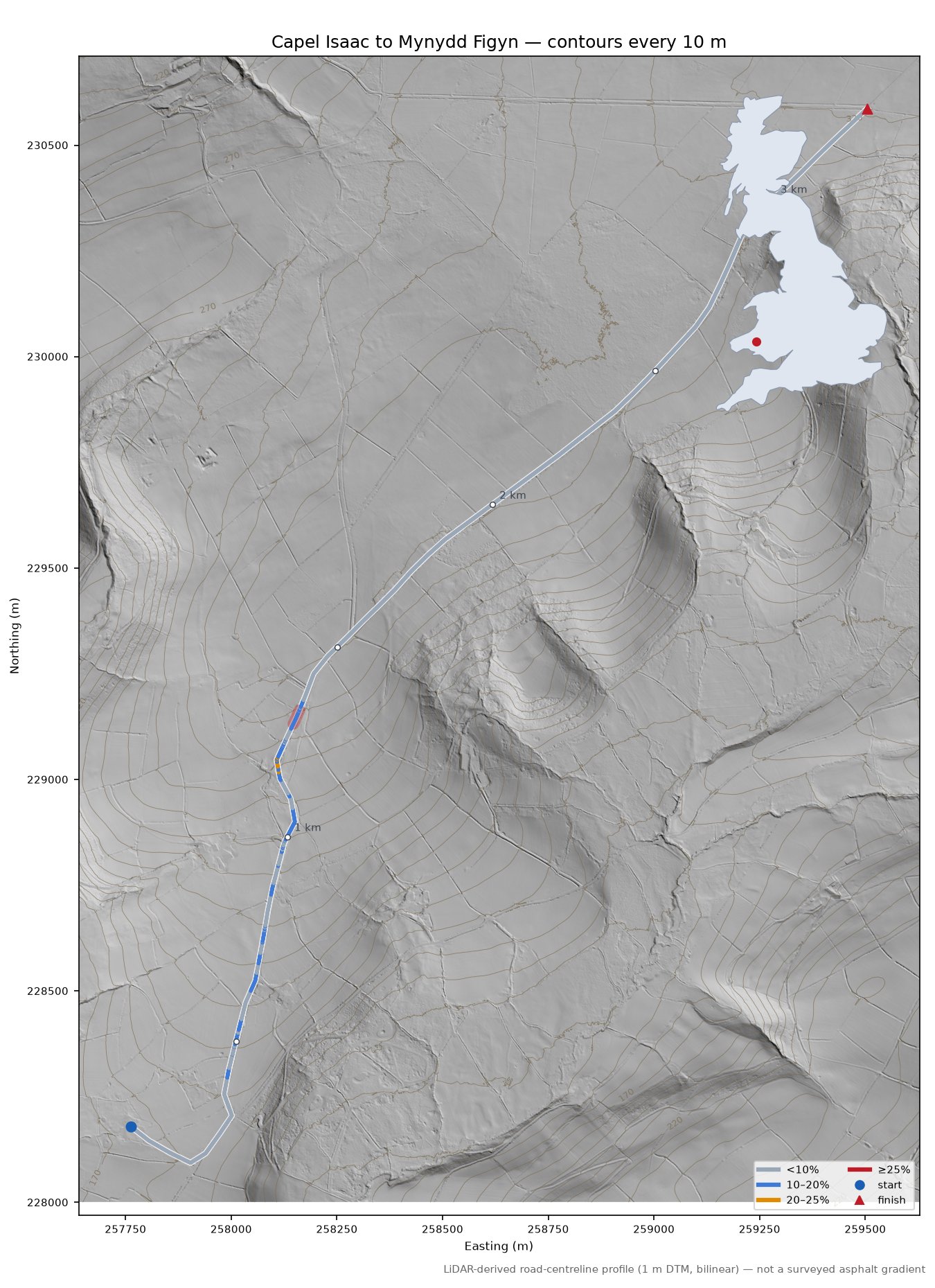 Capel Isaac to Mynydd Figyn LiDAR hillshade map with contours