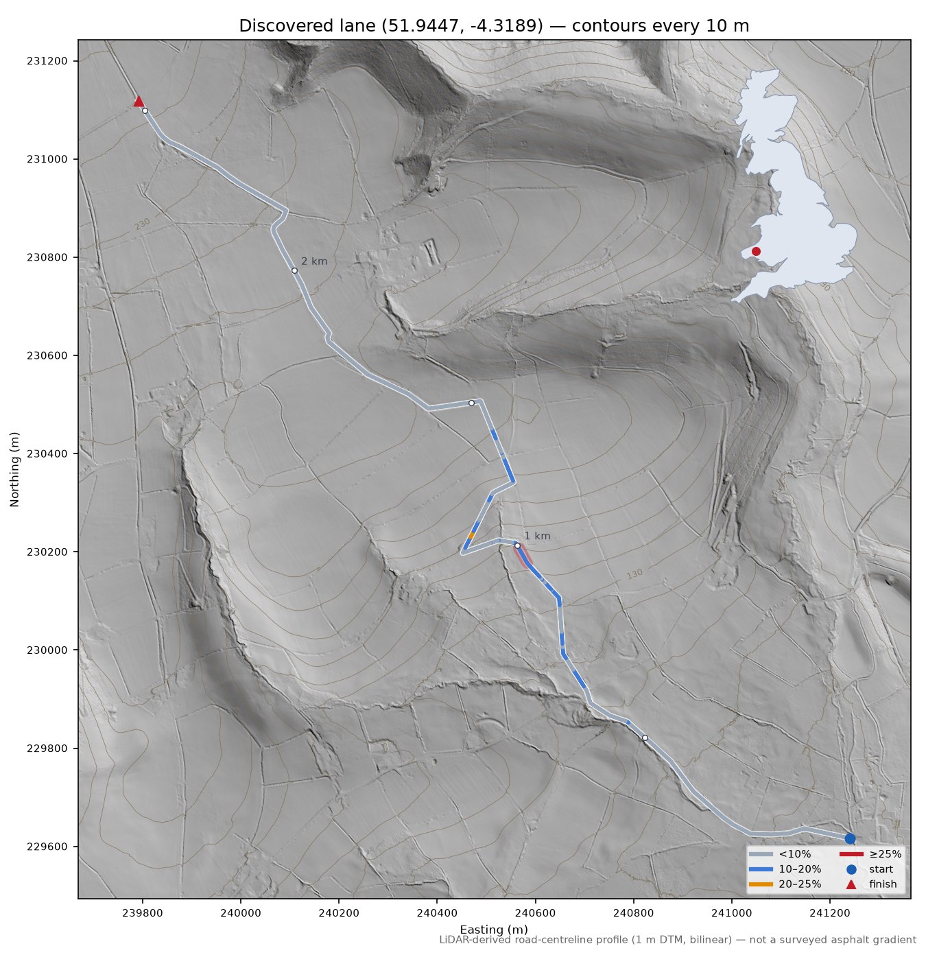 Discovered lane (51.9447, -4.3189) LiDAR hillshade map with contours
