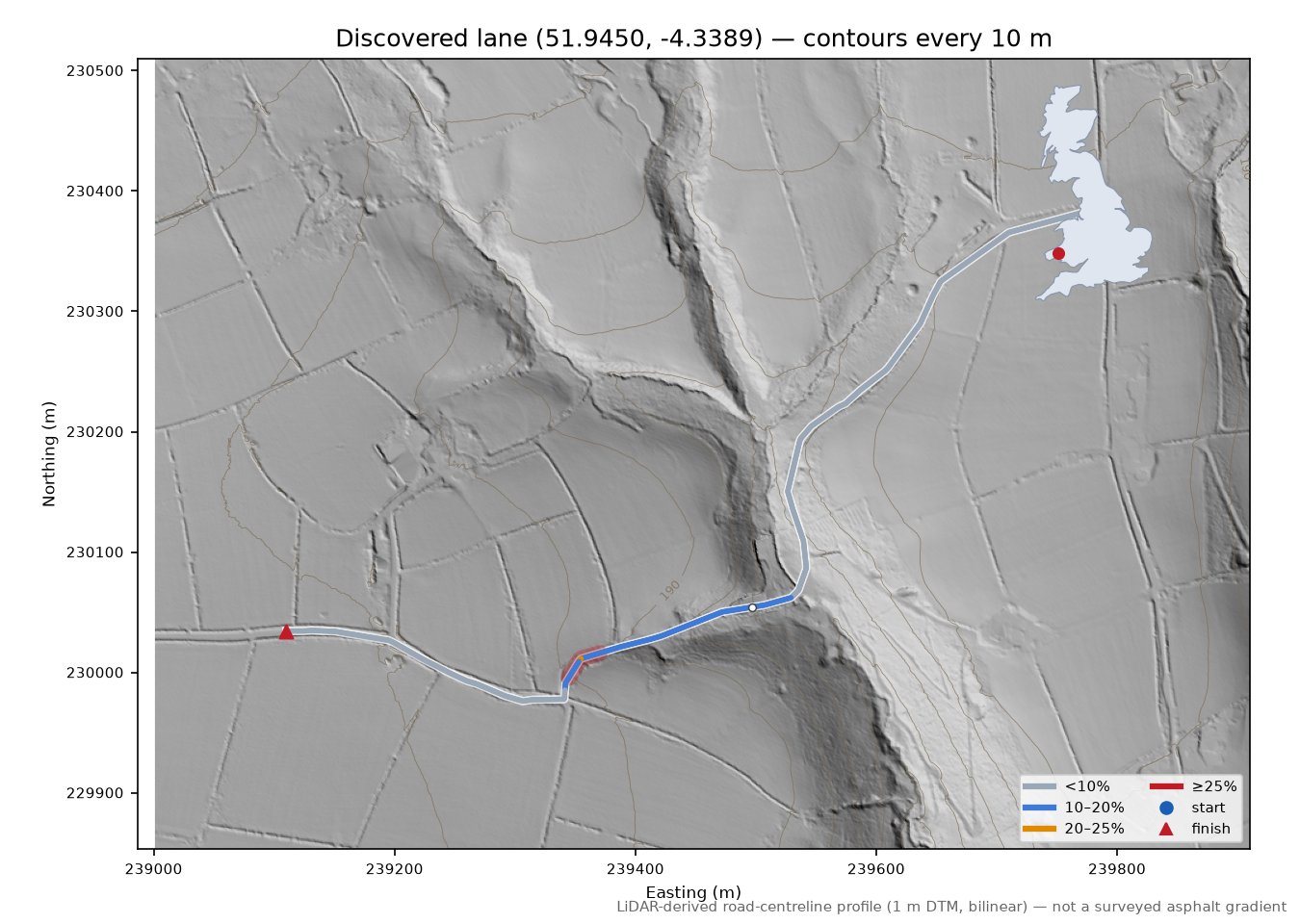 Discovered lane (51.9450, -4.3389) LiDAR hillshade map with contours
