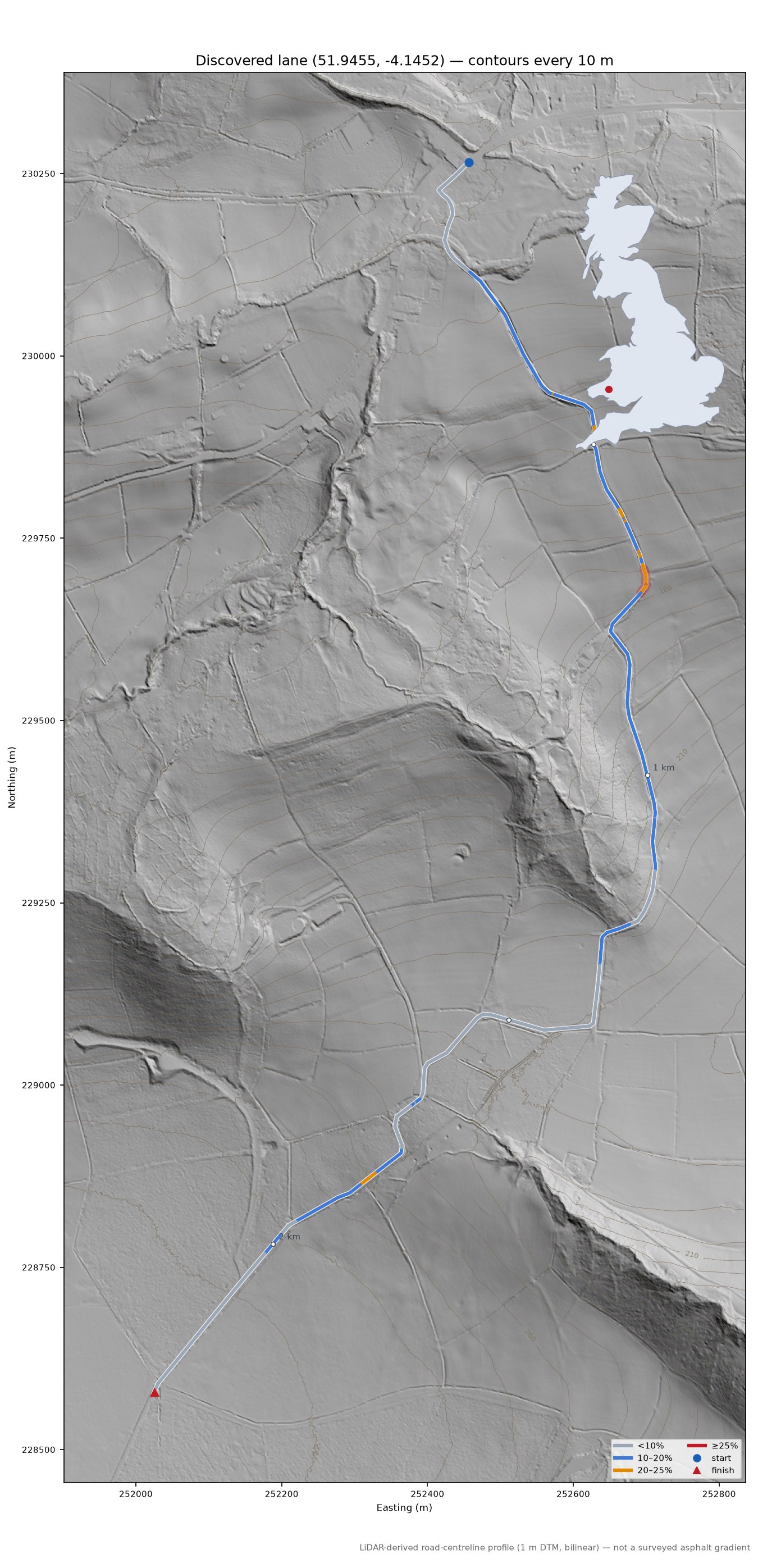 Discovered lane (51.9455, -4.1452) LiDAR hillshade map with contours