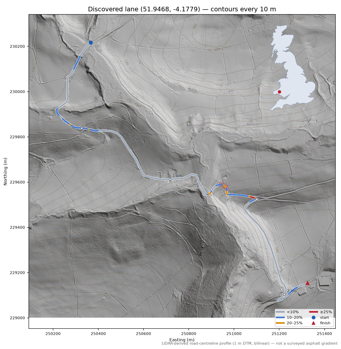 Discovered lane (51.9468, -4.1779) LiDAR hillshade map with contours