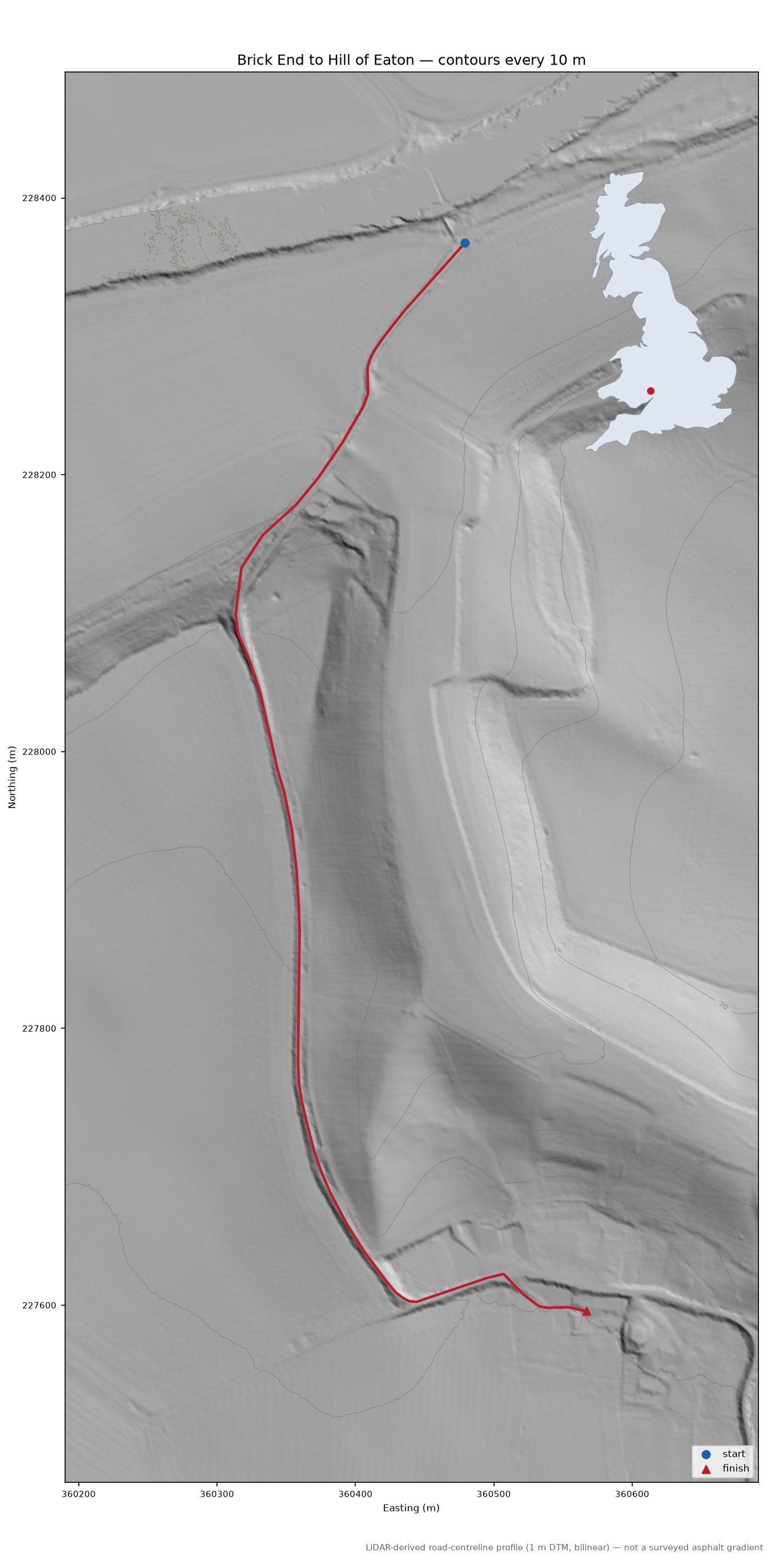 Brick End to Hill of Eaton LiDAR hillshade map with contours