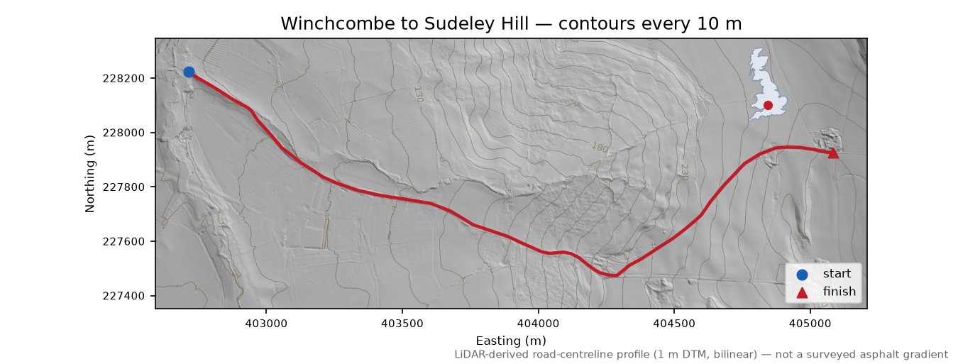Winchcombe to Sudeley Hill LiDAR hillshade map with contours