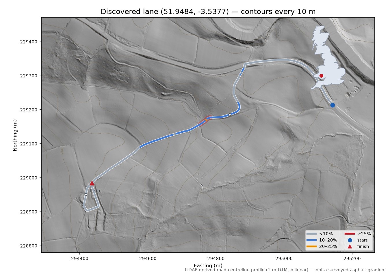 Discovered lane (51.9484, -3.5377) LiDAR hillshade map with contours