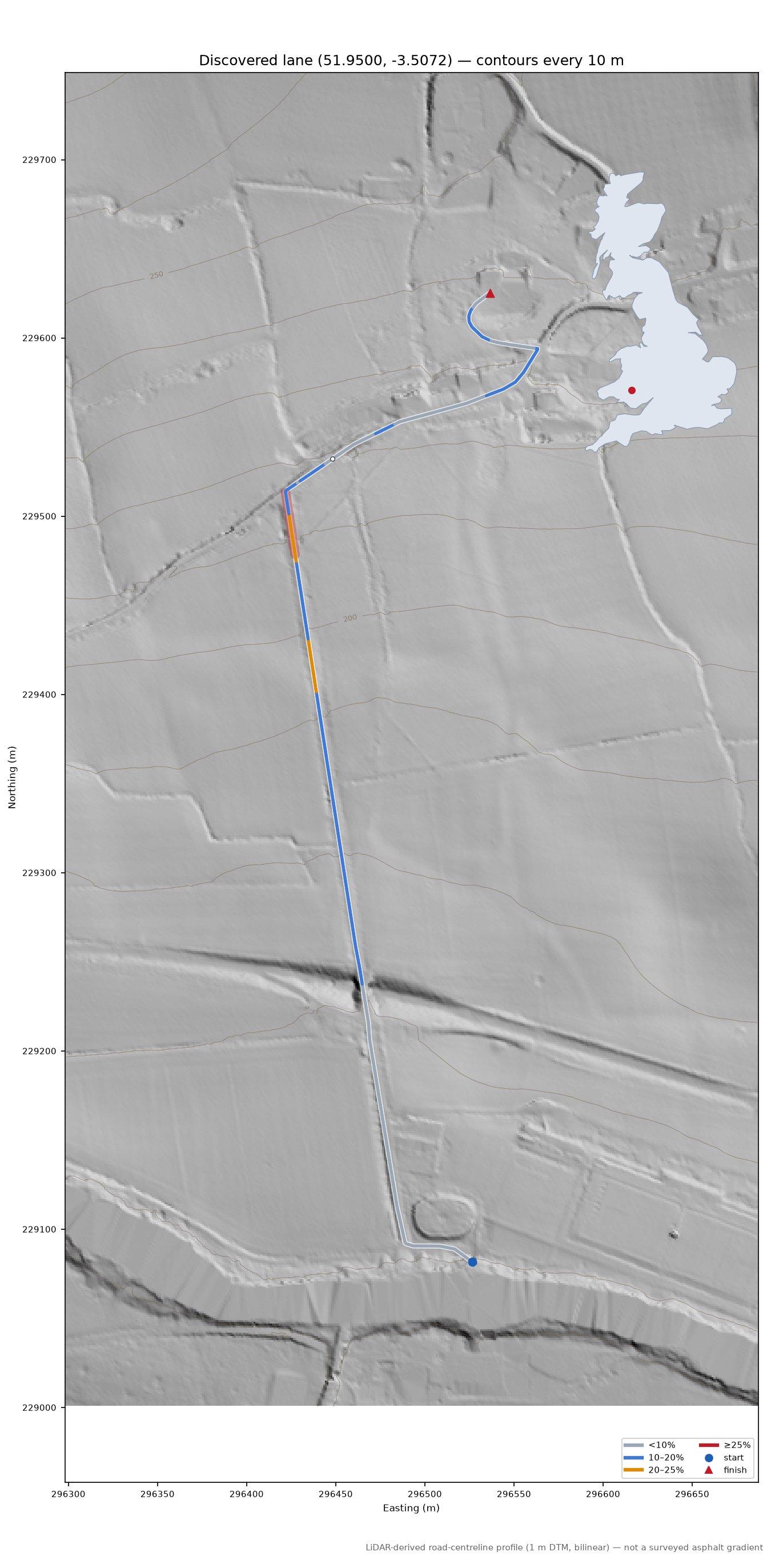 Discovered lane (51.9500, -3.5072) LiDAR hillshade map with contours