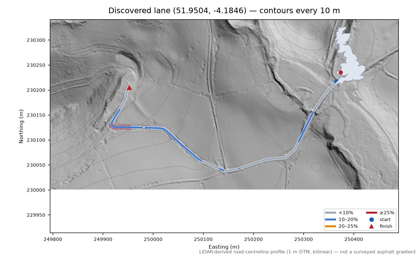 Discovered lane (51.9504, -4.1846) LiDAR hillshade map with contours