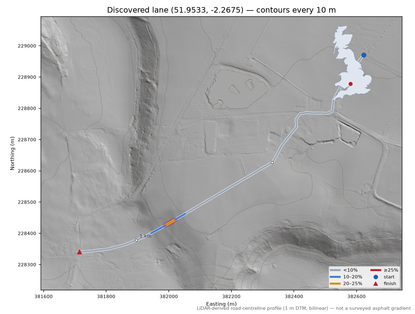 Discovered lane (51.9533, -2.2675) LiDAR hillshade map with contours