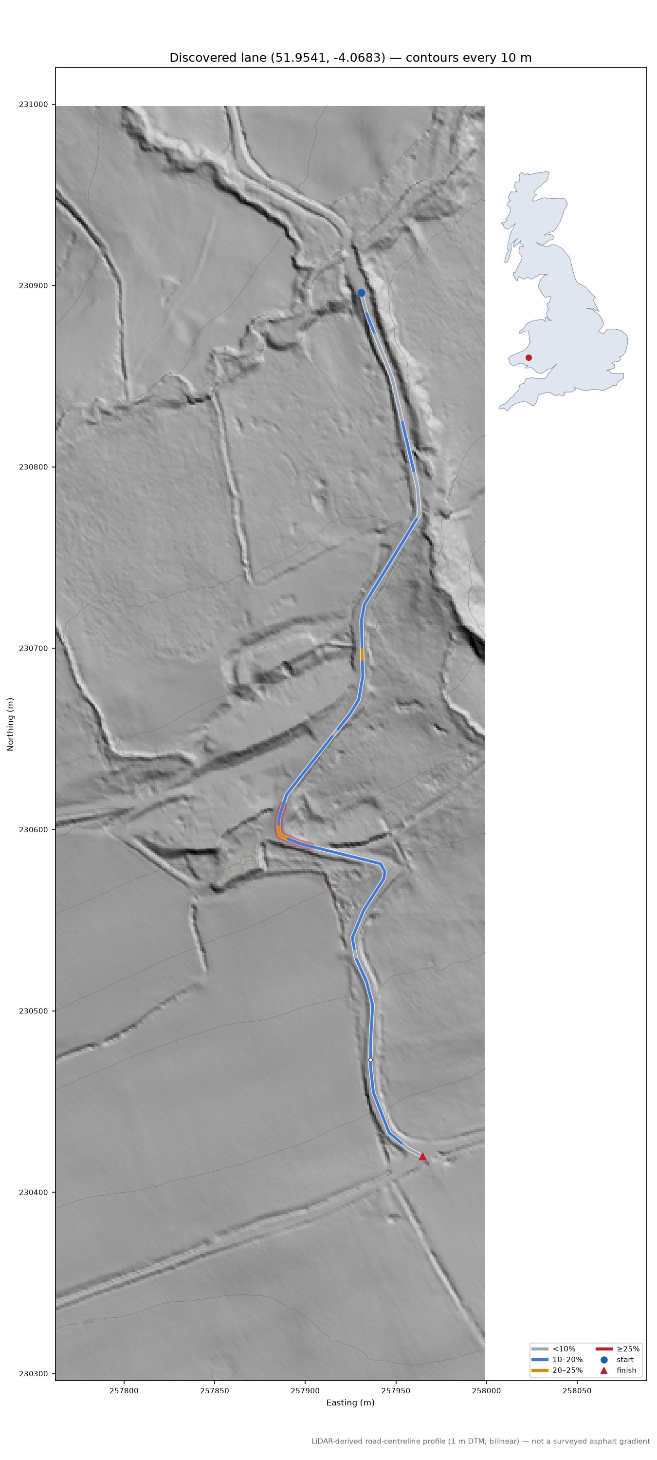 Discovered lane (51.9541, -4.0683) LiDAR hillshade map with contours