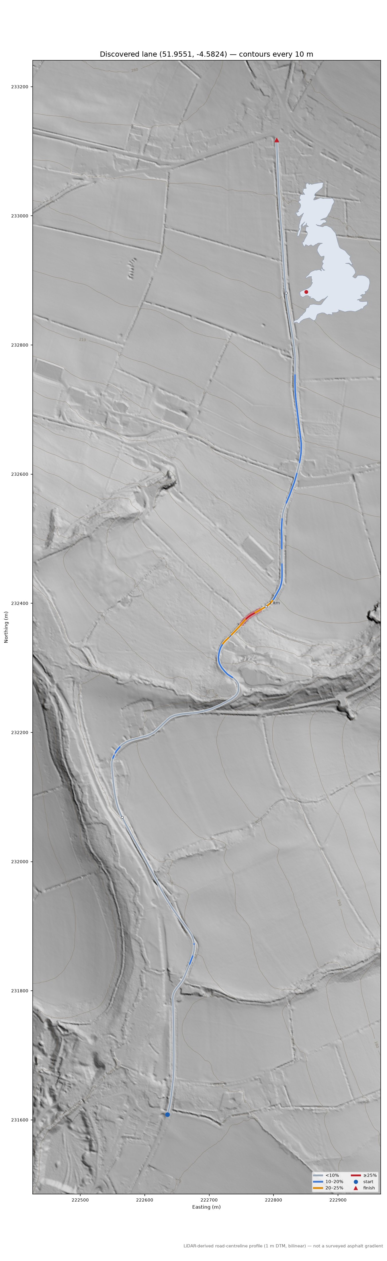 Discovered lane (51.9551, -4.5824) LiDAR hillshade map with contours