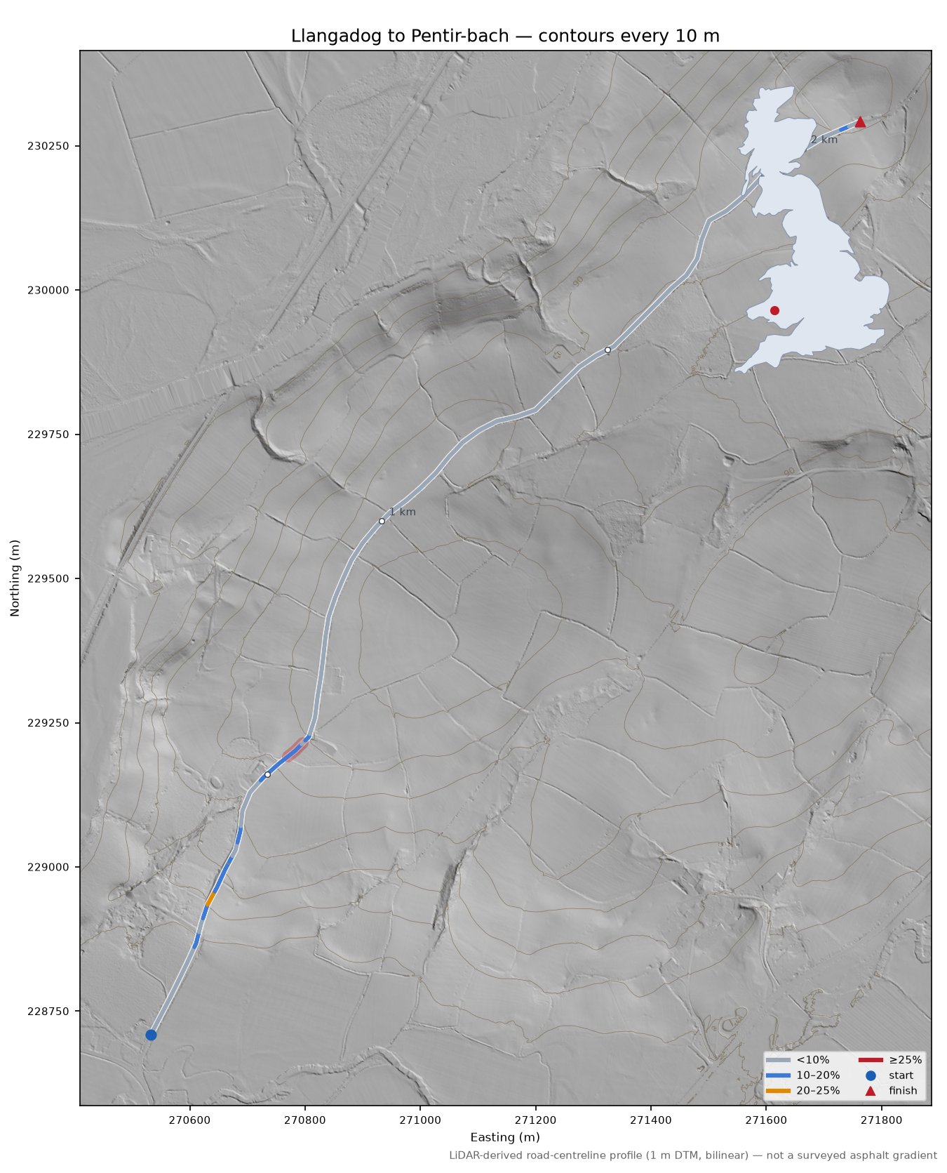 Llangadog to Pentir-bach LiDAR hillshade map with contours