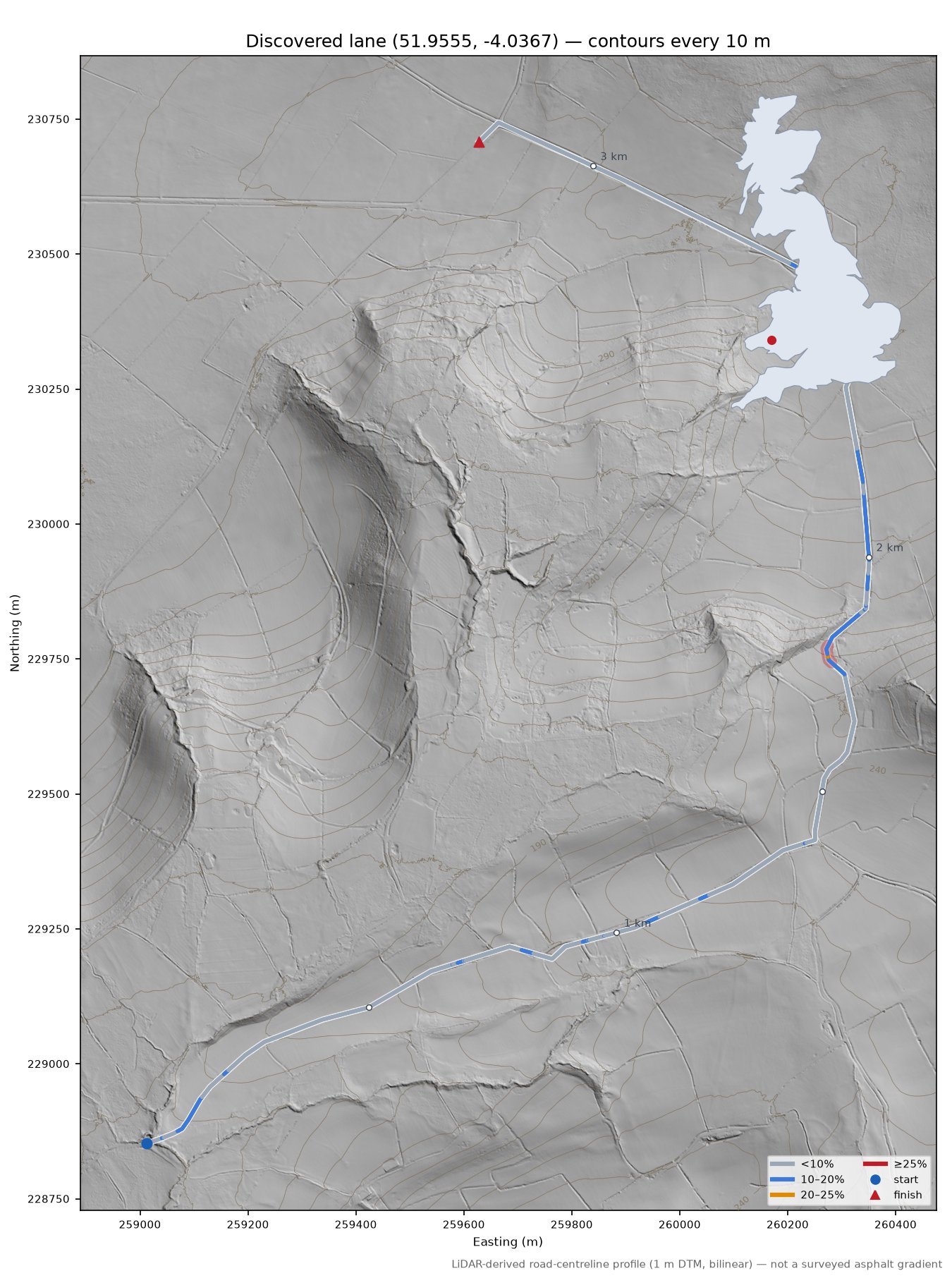 Discovered lane (51.9555, -4.0367) LiDAR hillshade map with contours