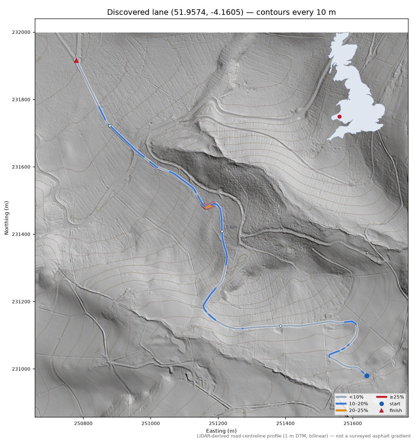 Discovered lane (51.9574, -4.1605) LiDAR hillshade map with contours