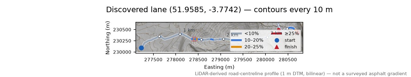 Discovered lane (51.9585, -3.7742) LiDAR hillshade map with contours