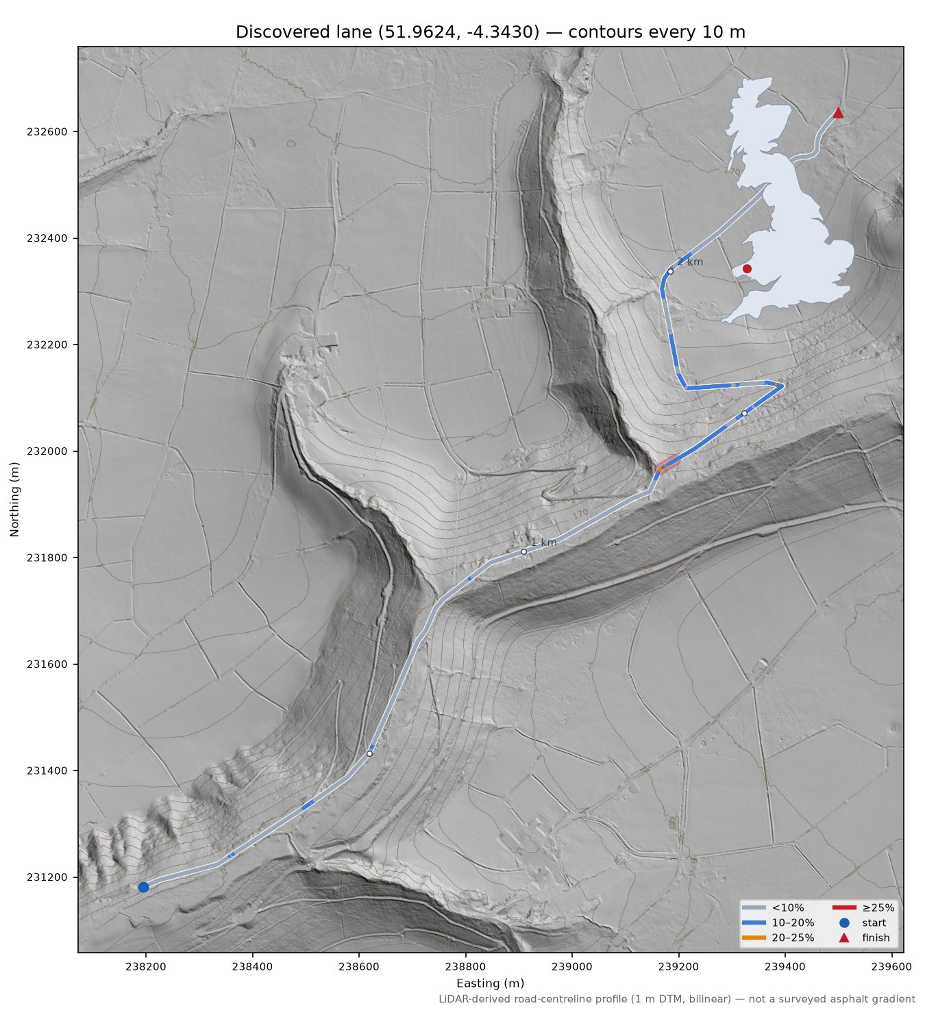Discovered lane (51.9624, -4.3430) LiDAR hillshade map with contours