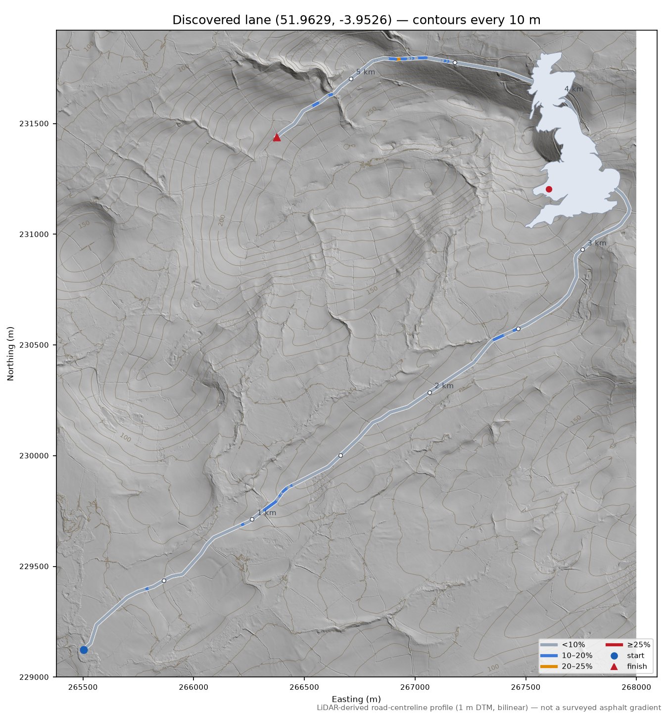 Discovered lane (51.9629, -3.9526) LiDAR hillshade map with contours