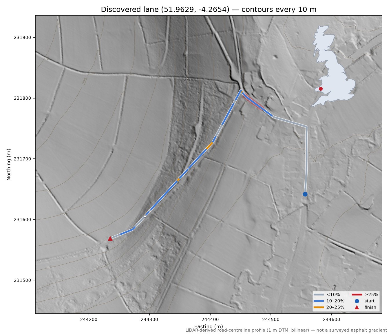 Discovered lane (51.9629, -4.2654) LiDAR hillshade map with contours