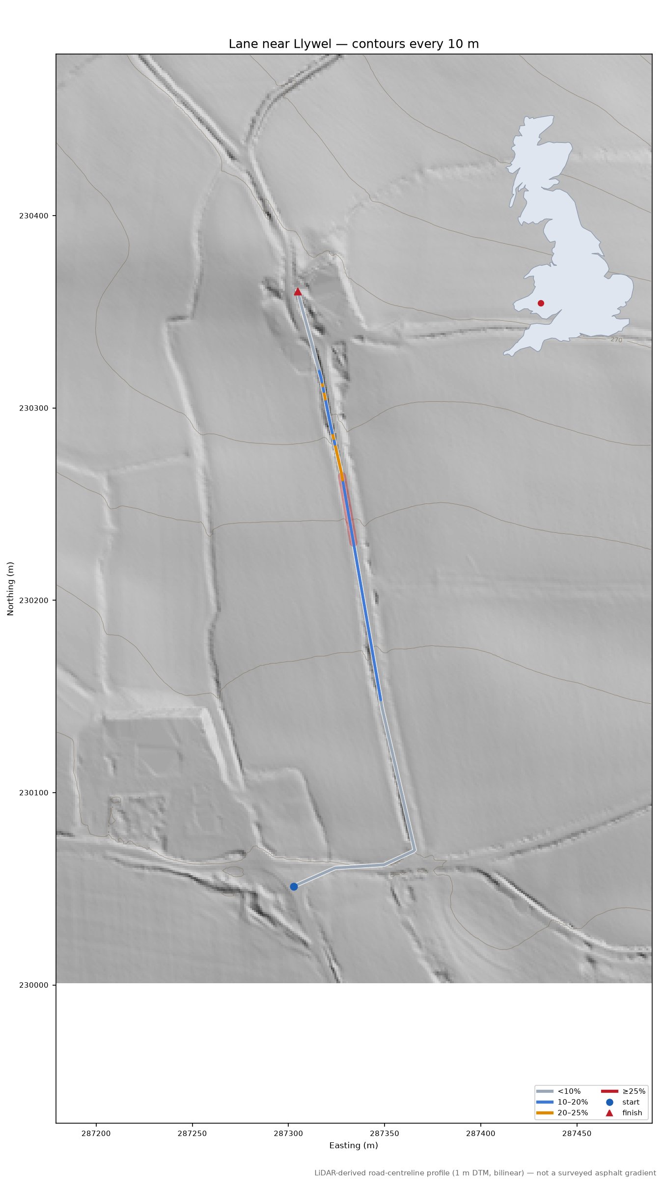Lane near Llywel LiDAR hillshade map with contours