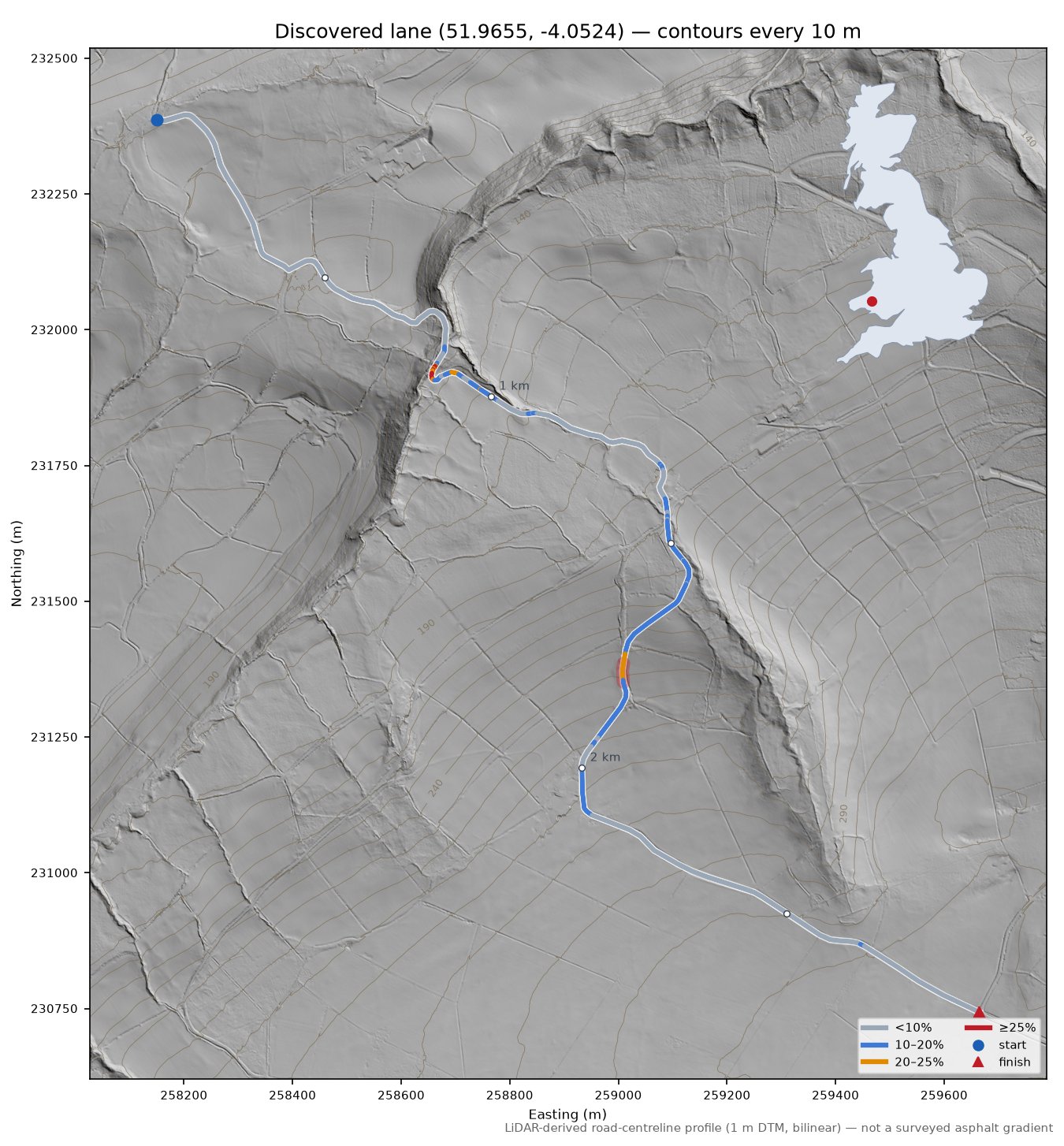 Discovered lane (51.9655, -4.0524) LiDAR hillshade map with contours