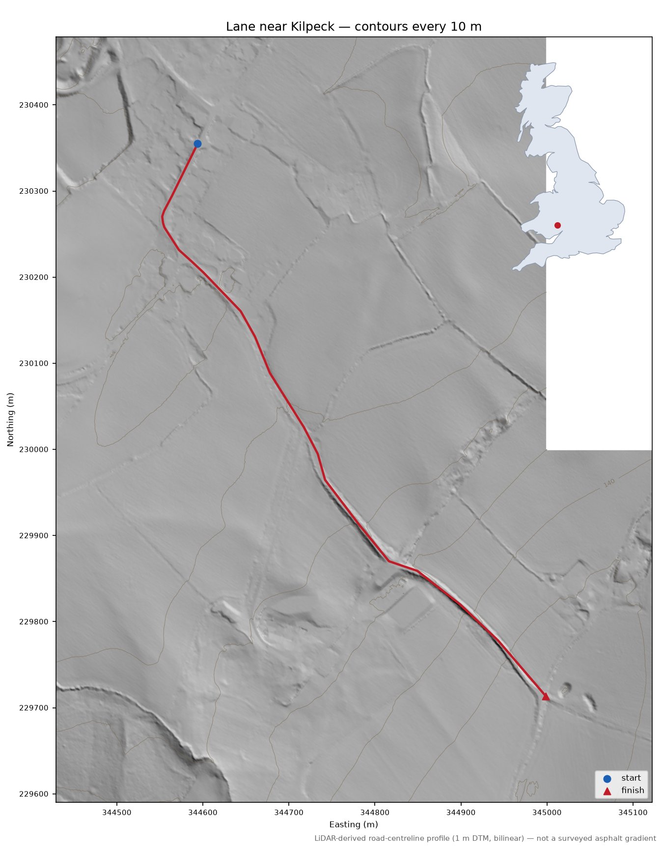 Lane near Kilpeck LiDAR hillshade map with contours