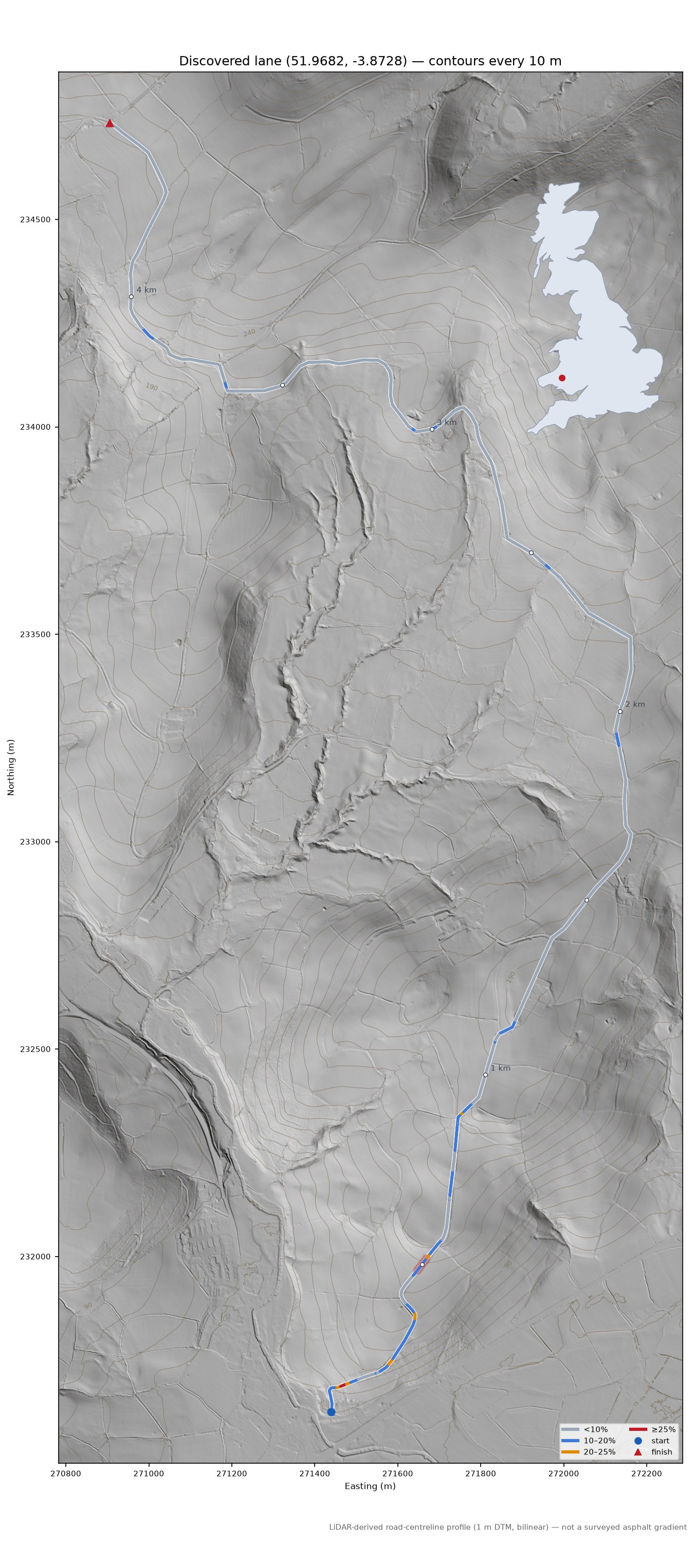 Discovered lane (51.9682, -3.8728) LiDAR hillshade map with contours