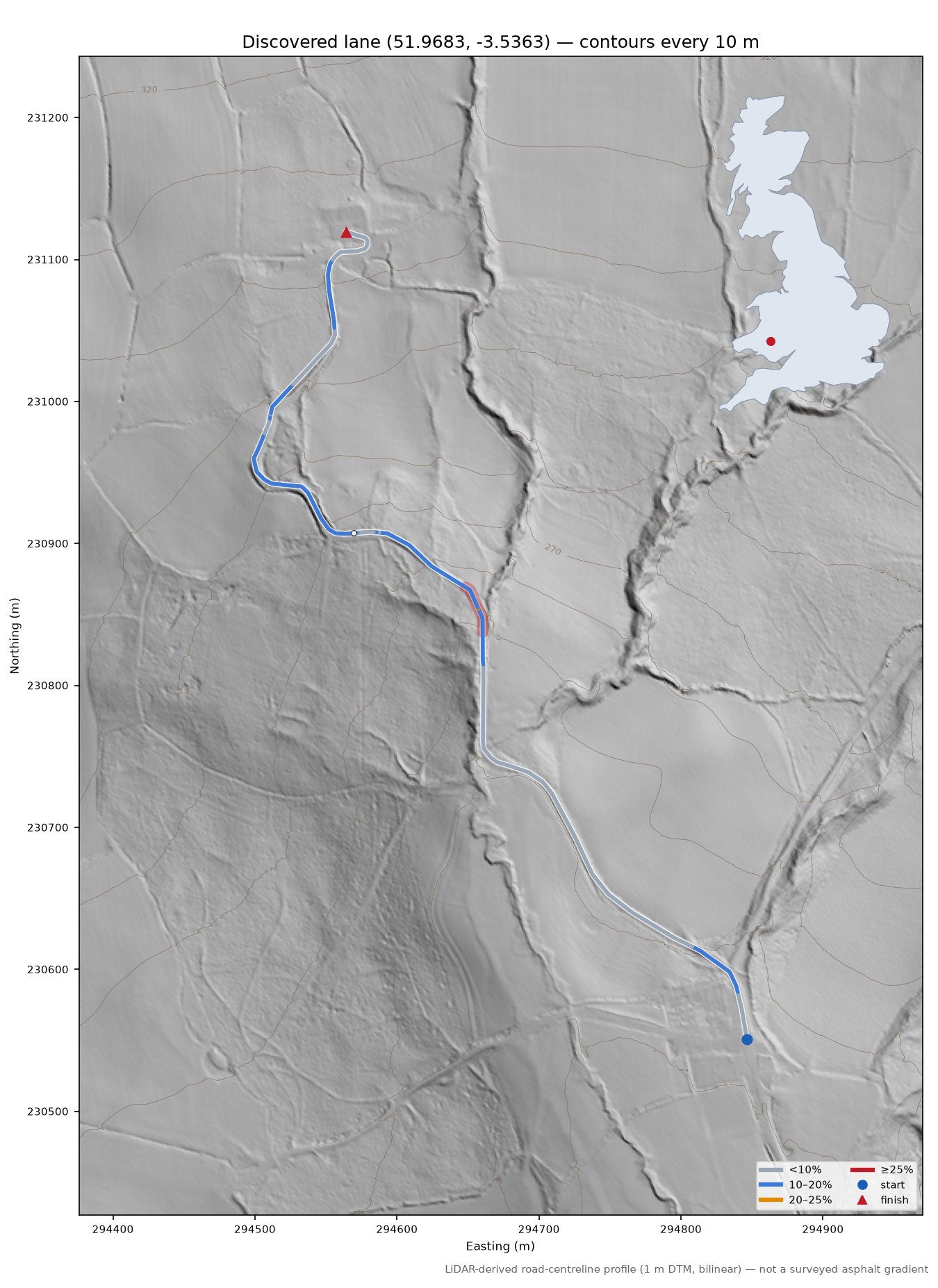 Discovered lane (51.9683, -3.5363) LiDAR hillshade map with contours