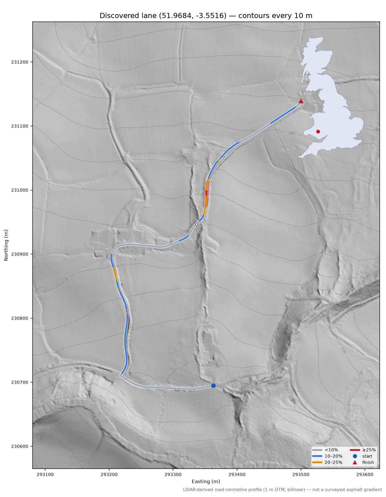 Discovered lane (51.9684, -3.5516) LiDAR hillshade map with contours