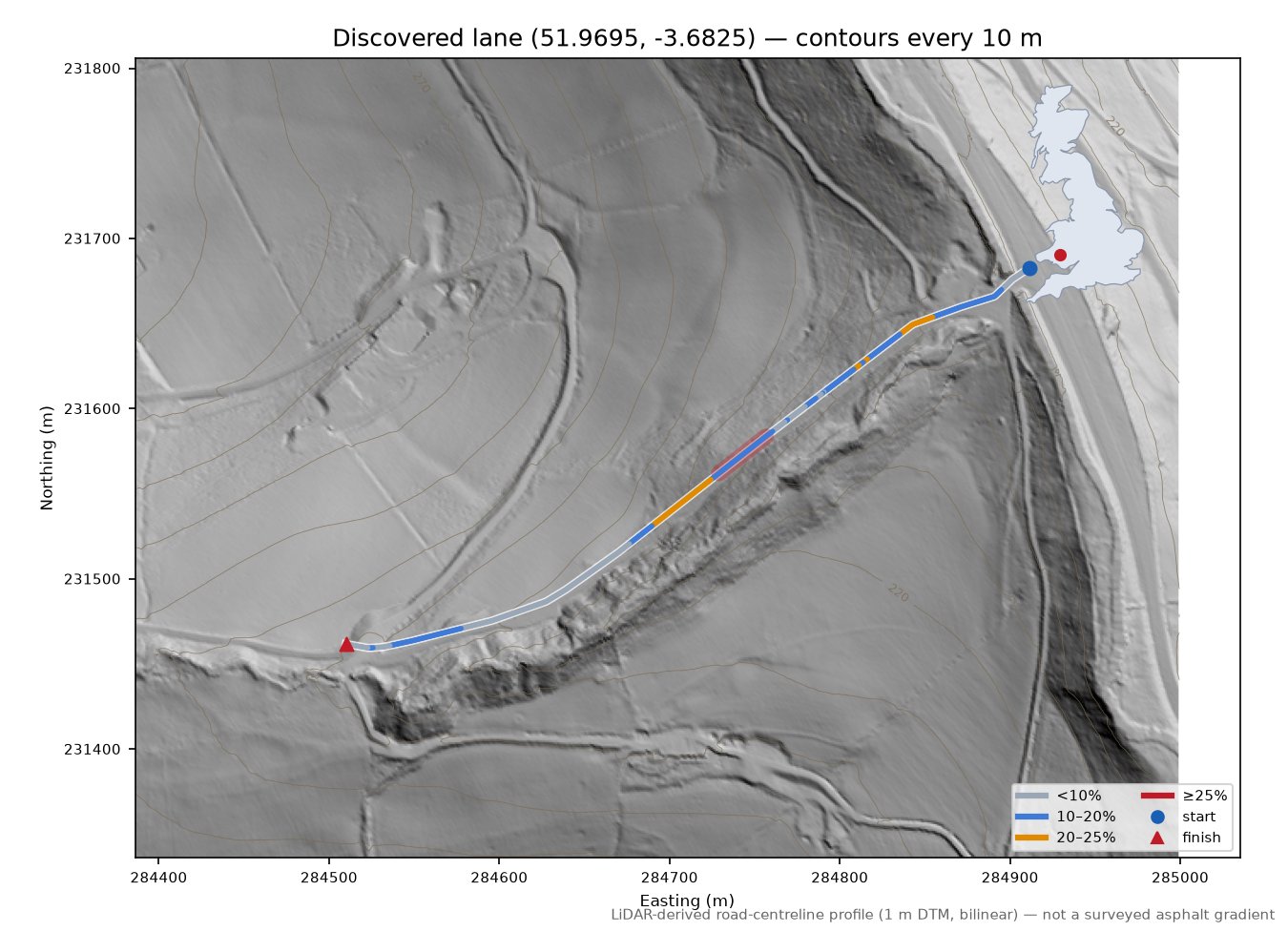 Discovered lane (51.9695, -3.6825) LiDAR hillshade map with contours