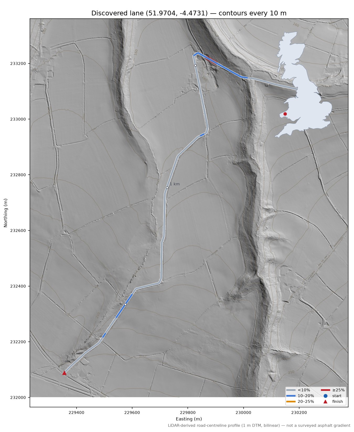 Discovered lane (51.9704, -4.4731) LiDAR hillshade map with contours