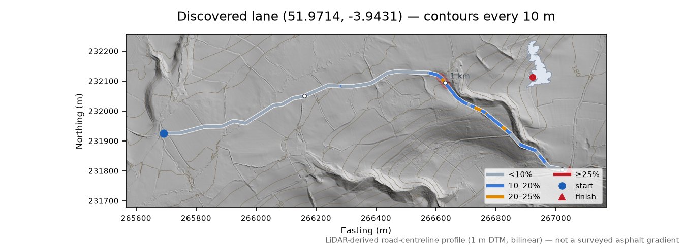 Discovered lane (51.9714, -3.9431) LiDAR hillshade map with contours