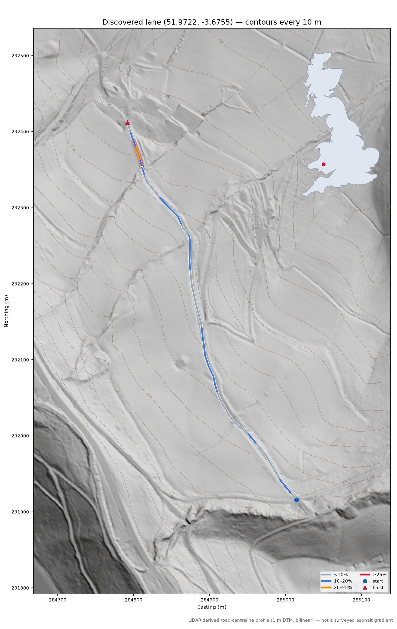 Discovered lane (51.9722, -3.6755) LiDAR hillshade map with contours
