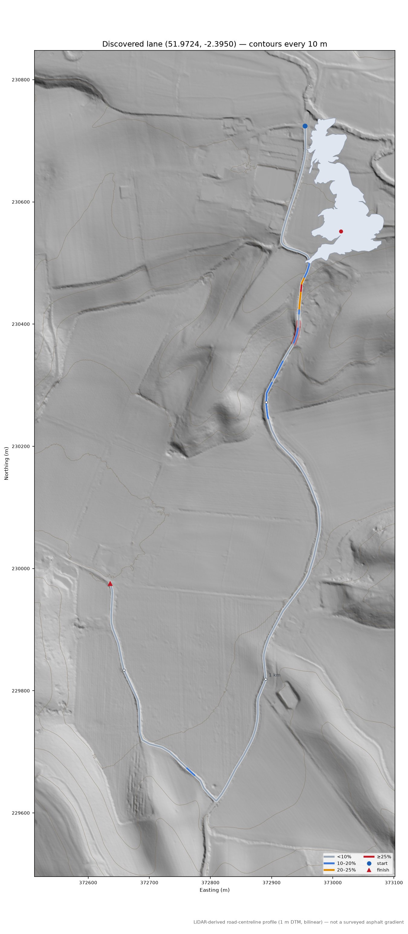 Discovered lane (51.9724, -2.3950) LiDAR hillshade map with contours