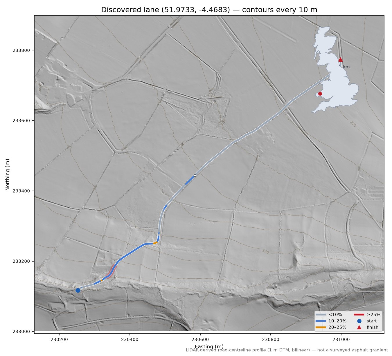 Discovered lane (51.9733, -4.4683) LiDAR hillshade map with contours