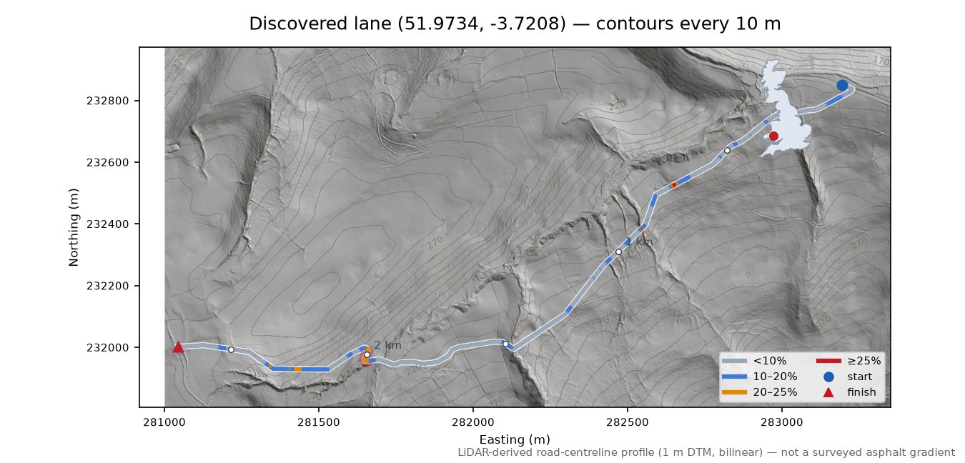 Discovered lane (51.9734, -3.7208) LiDAR hillshade map with contours