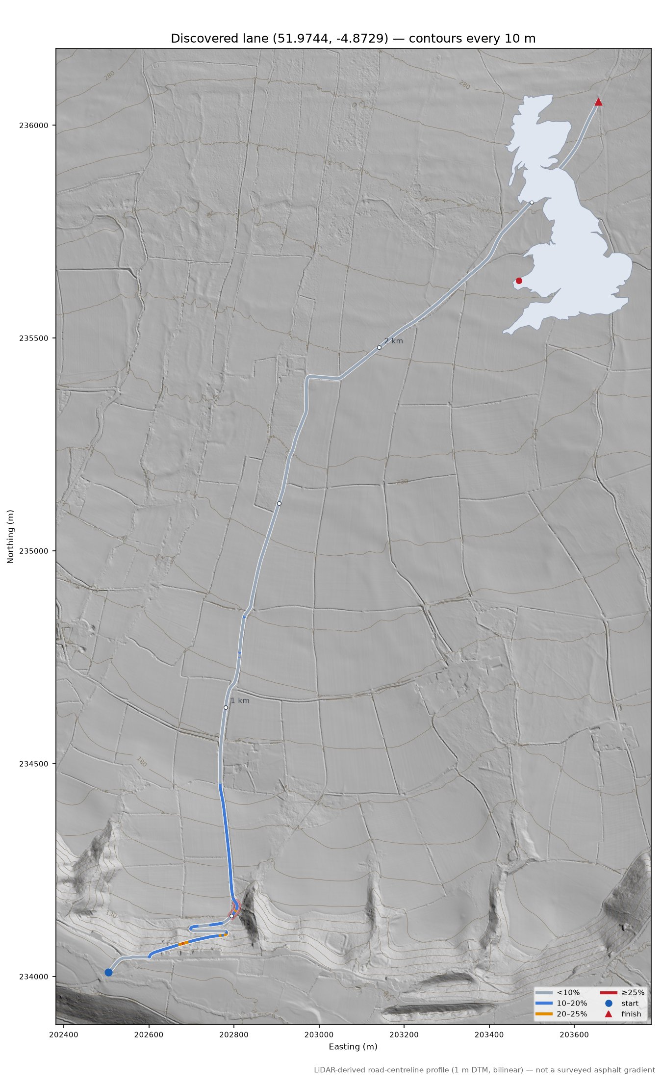 Discovered lane (51.9744, -4.8729) LiDAR hillshade map with contours