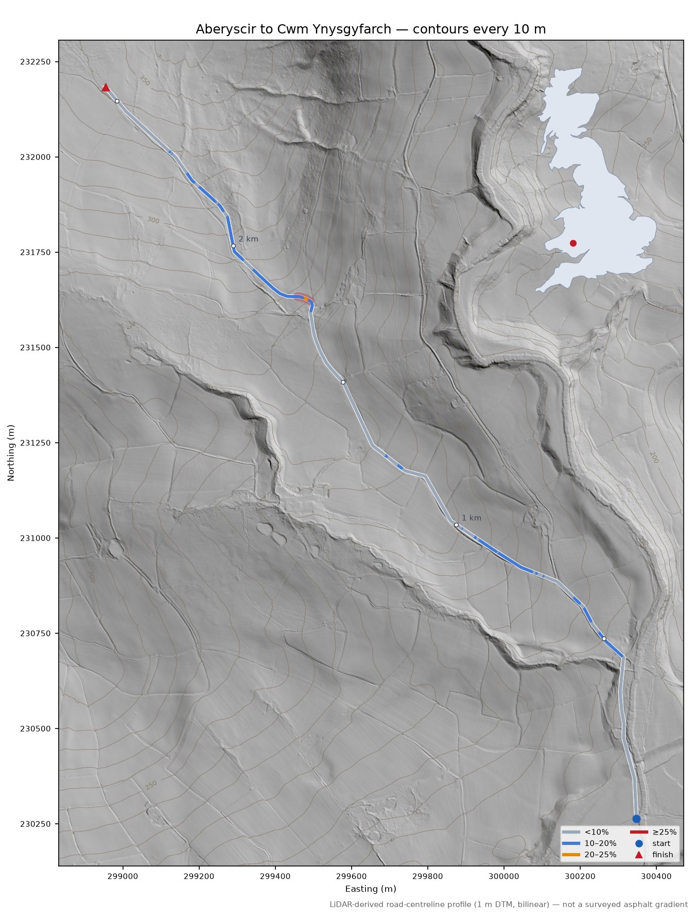 Aberyscir to Cwm Ynysgyfarch LiDAR hillshade map with contours