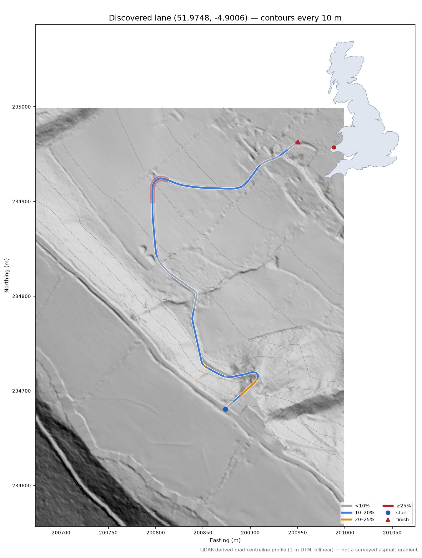 Discovered lane (51.9748, -4.9006) LiDAR hillshade map with contours