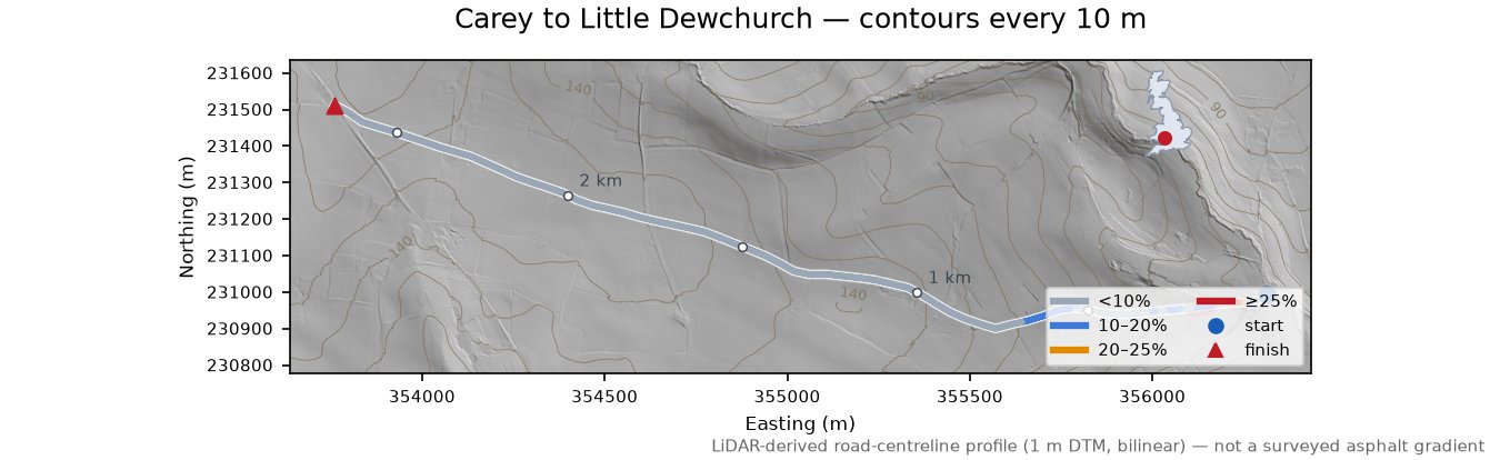 Carey to Little Dewchurch LiDAR hillshade map with contours
