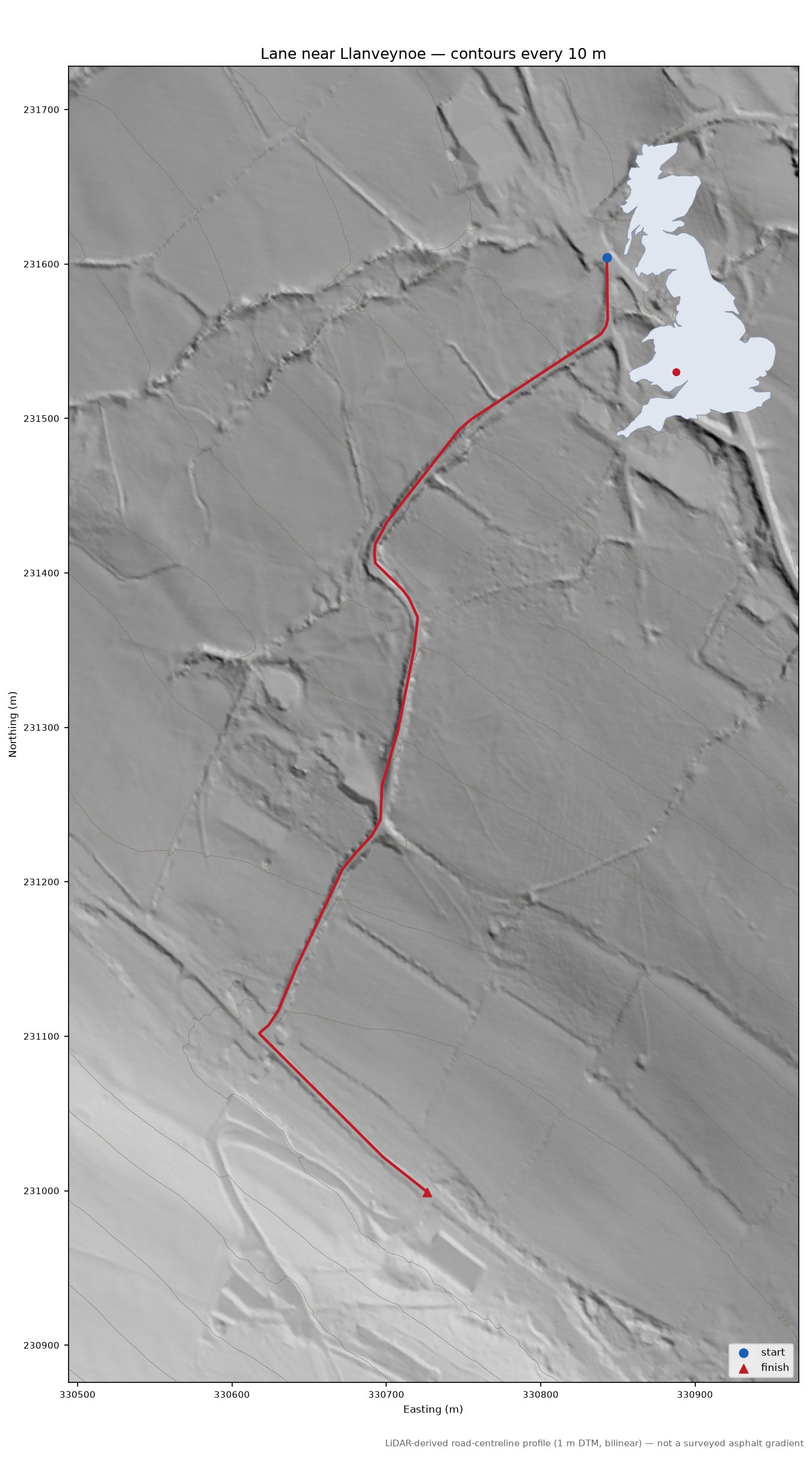 Lane near Llanveynoe LiDAR hillshade map with contours