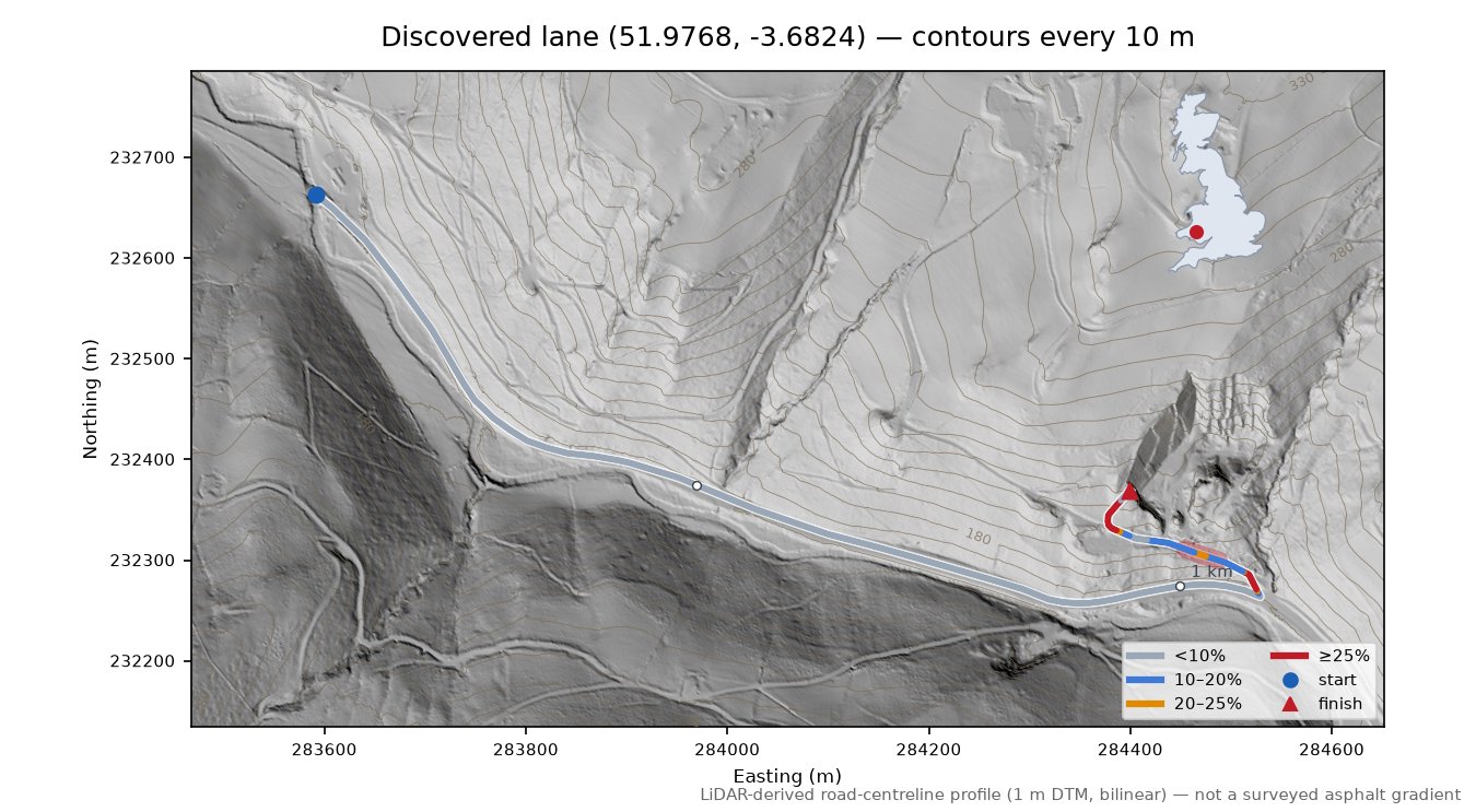 Discovered lane (51.9768, -3.6824) LiDAR hillshade map with contours
