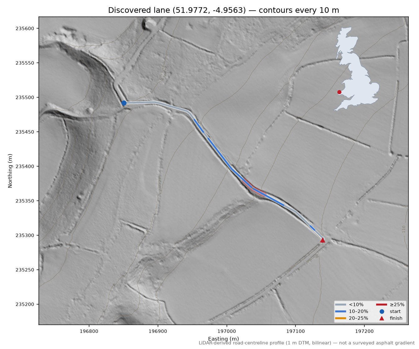 Discovered lane (51.9772, -4.9563) LiDAR hillshade map with contours