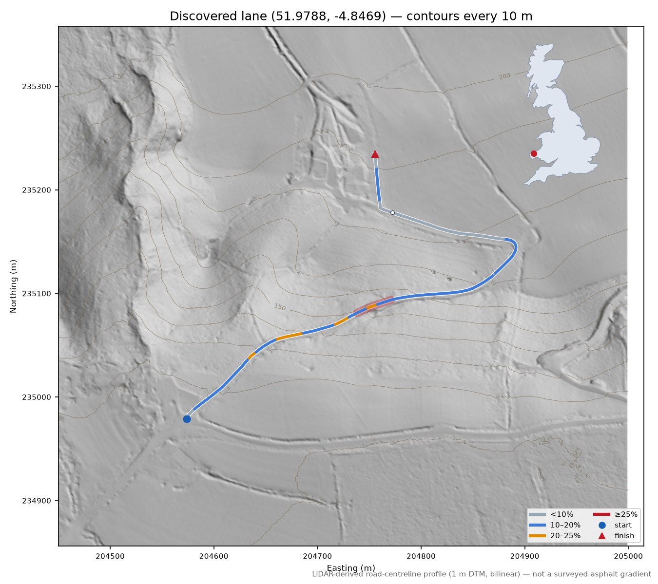 Discovered lane (51.9788, -4.8469) LiDAR hillshade map with contours